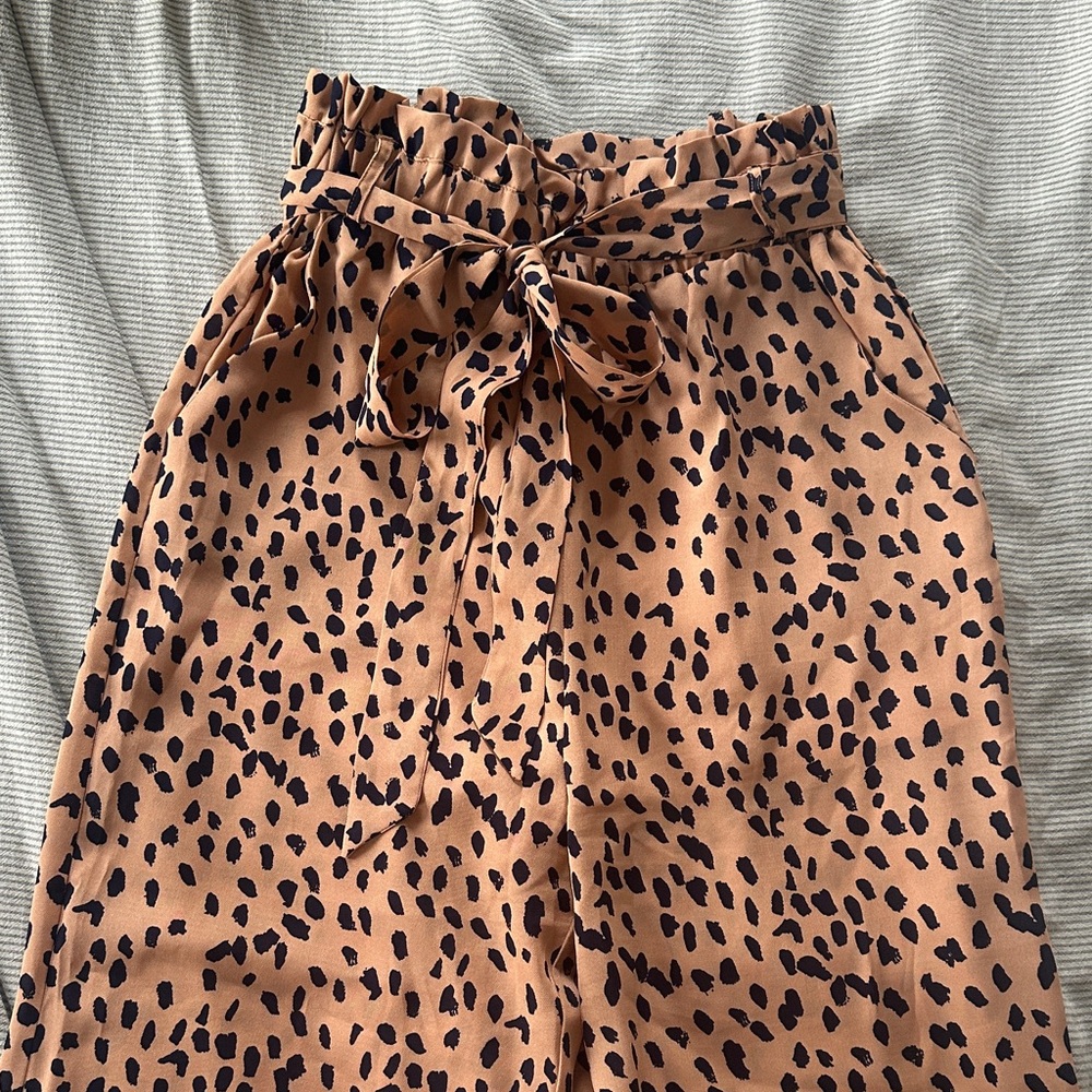 High-Waist Paperbag Tie-Waist Leopard Print Pant - Brown